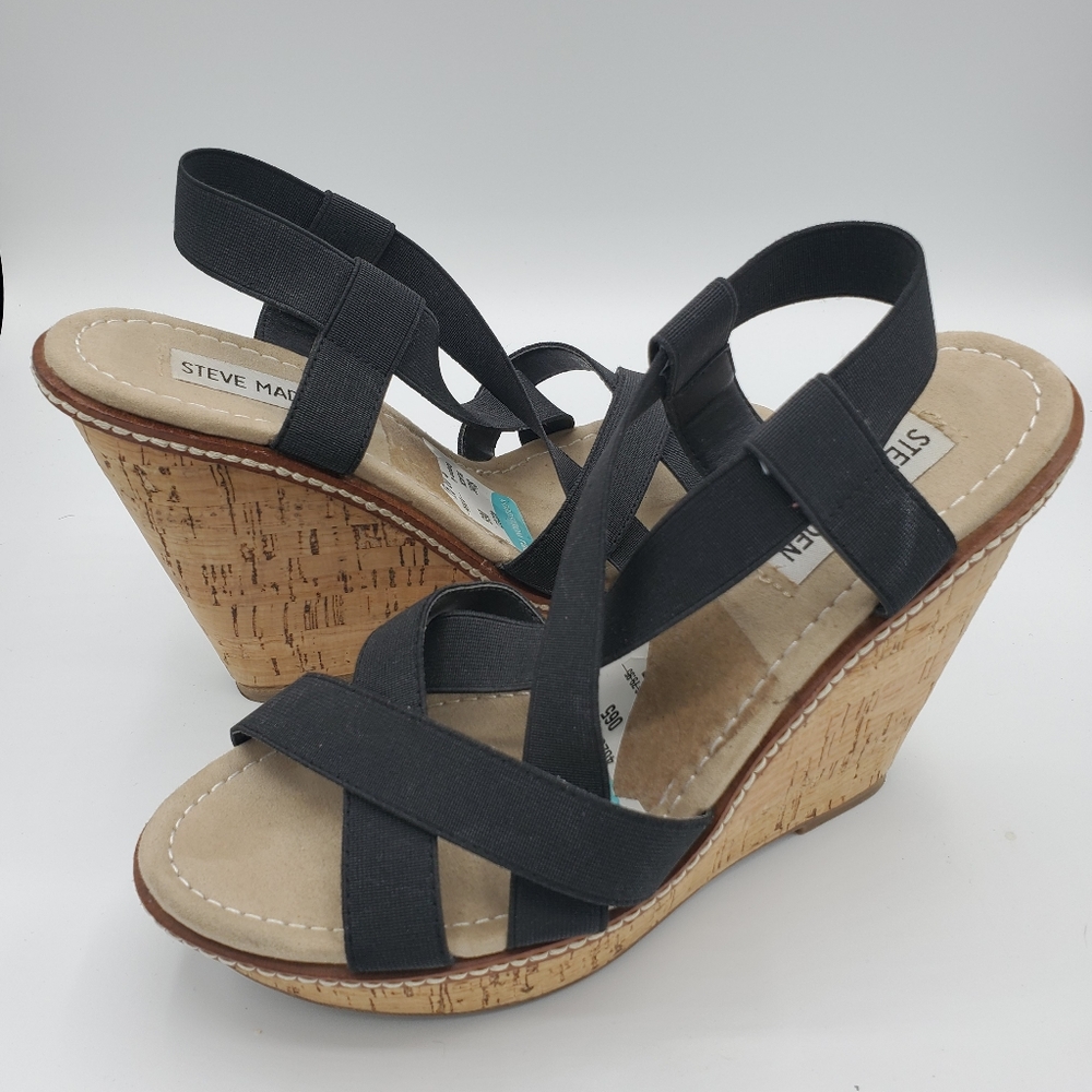 Steve Madden Women's Black Strappy Cork Wedge Heel